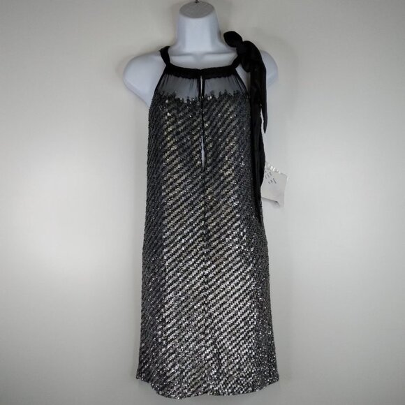 Badgley Mischka Platinum Sequined Halter Dress Size XS. NWT - Picture 1 of 14
